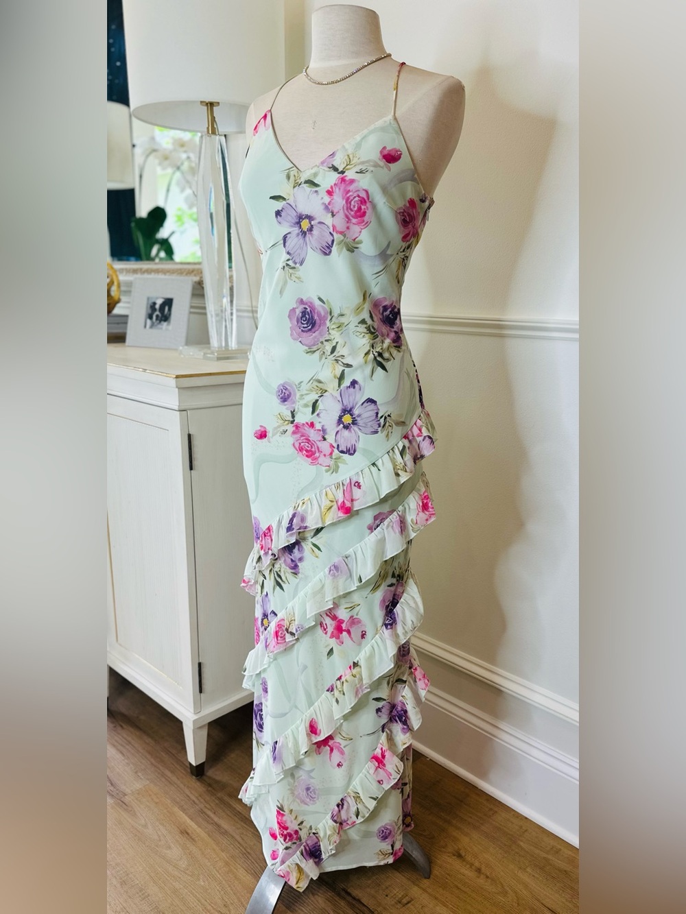 Floral Ruffle Maxi Dress in Mint with Pink & Purple Blooms
